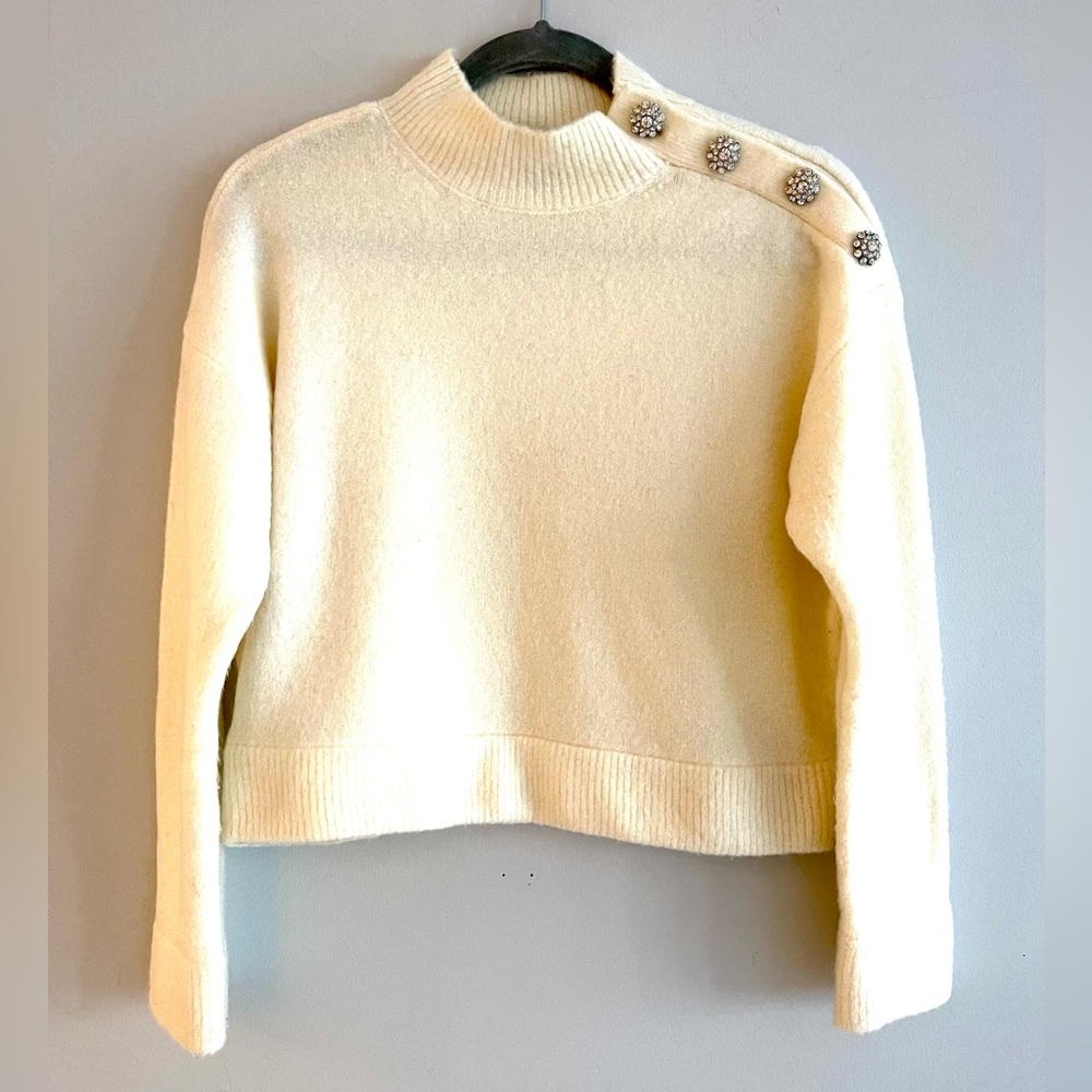 Ann Taylor Cream Turtleneck Sweater with Rhinestone Button Accents